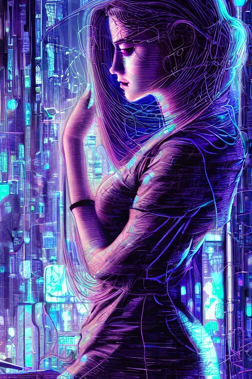 Image similar to dreamy cyberpunk girl, abstract smoke neon, digital nodes, computer network, beautiful woman, detailed acrylic, grunge, intricate complexity, by dan mumford and by alberto giacometti, arthur rackham