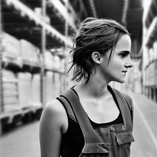 Image similar to photo, close up, emma watson in a hi vis vest, in warehouse, android cameraphone, film noise, 2 6 mm,