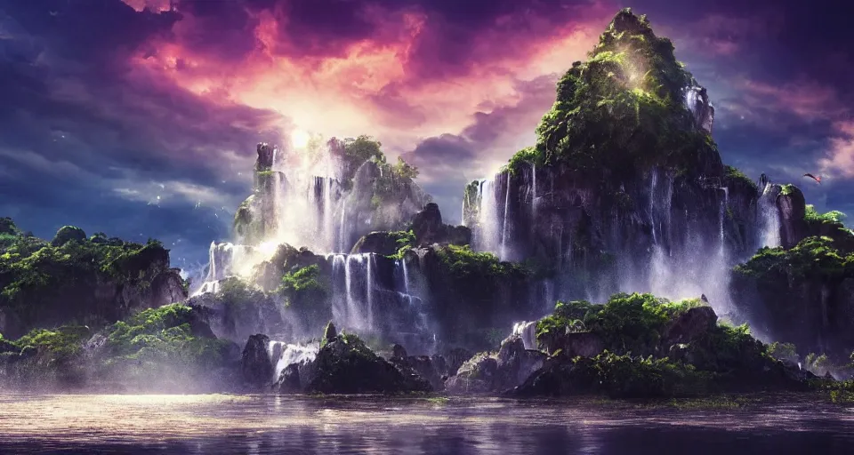 Image similar to A magnificent floating island in the sky above the sea, waterfall falling down, epic lighting, epic composition, cinematic, highly detailed, 4k