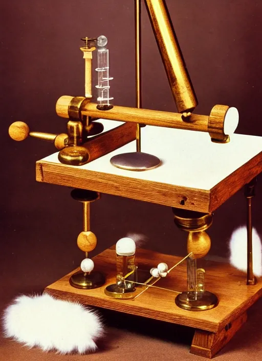 Prompt: realistic photo of a a medieval wooden astronomic archeology scientific chemistry equipment made of oak wood, with white fur, brass handles 1 9 9 0, life magazine reportage photo, natural colors