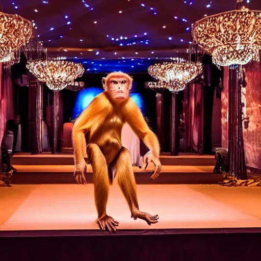 Prompt: dancing monkey in the desert ballroom