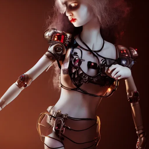 Image similar to Gorgeous feminine porcelain doll with cracking skin and machine parts, glowing red eyes, full body portrait, wires, cyborg, beautiful shattered porcelain skin, gothic, steampunk, glowing red eyes, magic runes, feminine anatomy, witchcraft, hex, shadows, cinematic lighting, octane render, 8k high detail