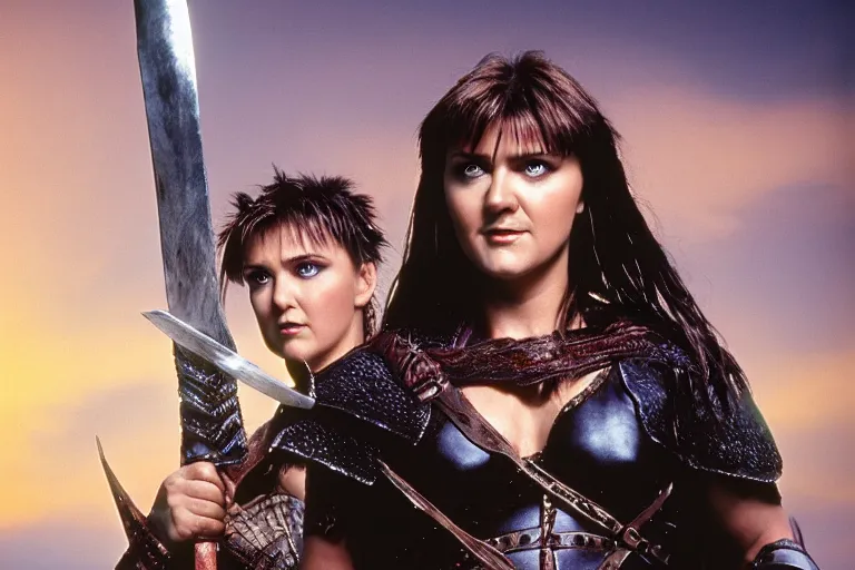 Image similar to xena warrior princes, standing in a frozen landscape holding a sword, tv series, studio lighting