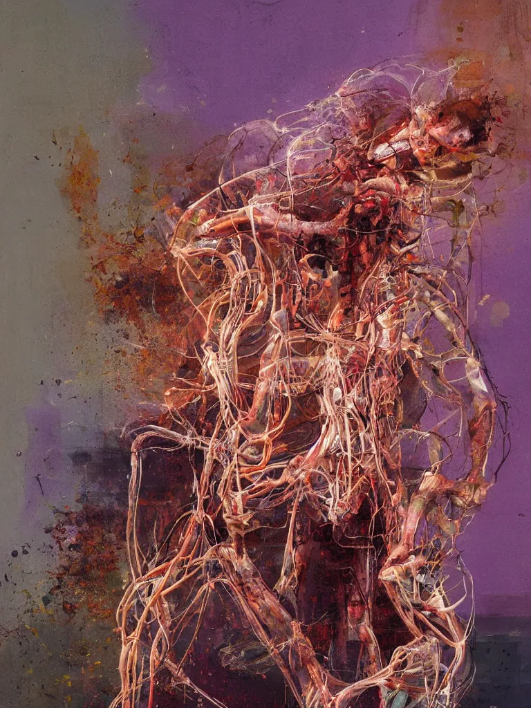 Image similar to a beautiful glitched painting by robert proch of an anatomy study of the human nervous system, color bleeding, pixel sorting, copper oxide and rust materials, brushstrokes by jeremy mann, cold top lighting, pastel purple background