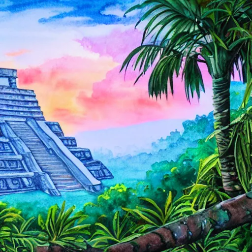 Prompt: Beautiful picturesque Mayan ruins in a lush mountainous jungle at sunrise. Beautiful light. Water and plants. Beautiful detailed watercolor by Lurid. (2022). 4K.