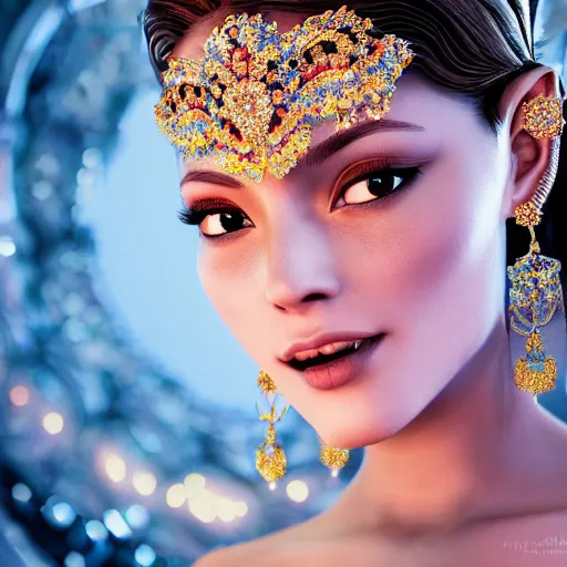 Image similar to portrait of pretty princess with perfect skin, glowing, ornate and intricate diamond jewelry, jaw dropping beauty, ornate and intricate backdrop, white accent lighting, hyper detailed, 4 k octane render