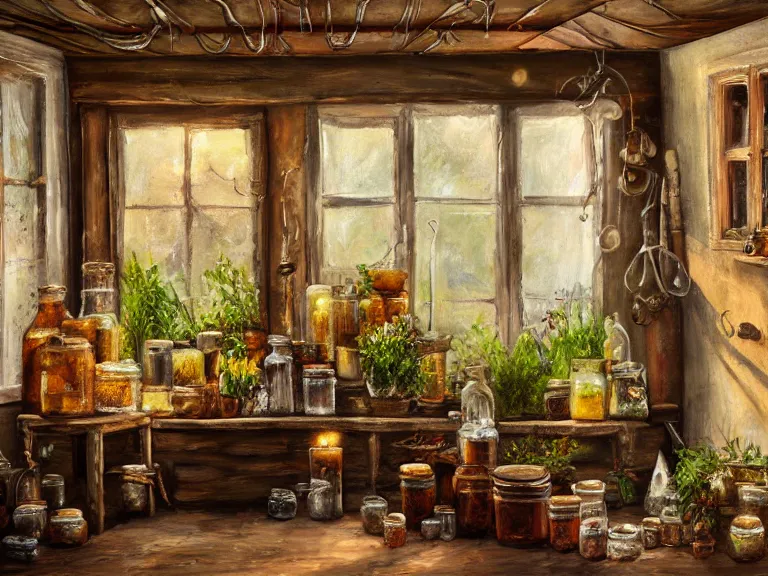 Image similar to expressive rustic oil painting, interior view of a cluttered herbalist cottage, waxy candles, jars on wall, wood furnishings, herbs hanging, light bloom, dust, ambient occlusion, morning, rays of light coming through windows, dim lighting, brush strokes oil painting