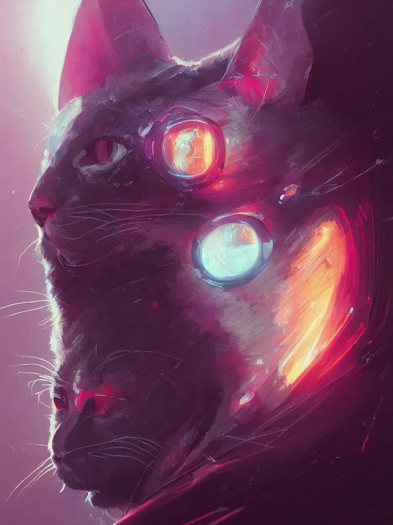 Image similar to detailed portrait of a cat, synthwave, retrowave, cyberpunk, illustration by jordan grimmer and greg rutkowski, trending on artstation