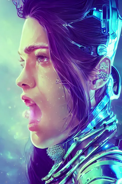 Prompt: extreme close up, facial portrait, bionic suit armor, amethyst crystals in armor, beautiful ethereal vampire woman radiating a glowing aura global illumination ray tracing hdr fanart arstation by ian pesty and alena aenami artworks in 4 k