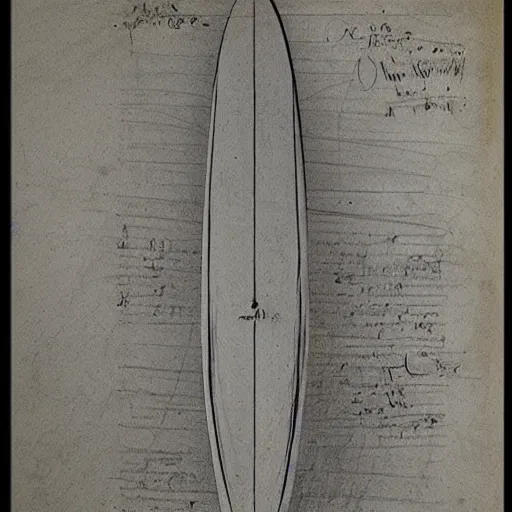 Prompt: blueprint sketch of a surfboard painted by leonardo da vinci, technical sketch, high detail, charocal drawing