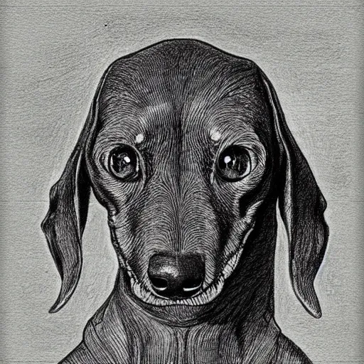 Prompt: “ a drawing of a dachshund in the style of hr giger, surreal, eerie ”