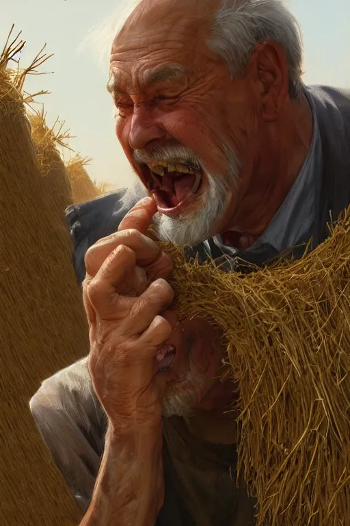 Image similar to an old man yelling at a pile of hay, realistic painting, symmetrical, highly detailed, digital painting, artstation, concept art, smooth, sharp focus, illustration, cinematic lighting, art by artgerm and greg rutkowski and alphonse mucha