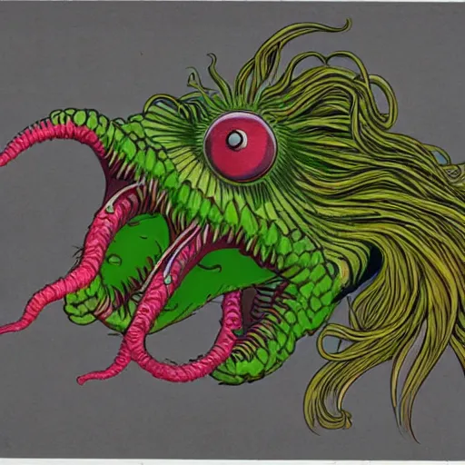 Image similar to a 1982 color anatomy illustration sketch depicting a symmetrical dissection of a dangerous shape shifting alien creaturing spewing long worm-like spiney tendrils out of its snarling mouth, the tendrils in the style of The Thing 1982