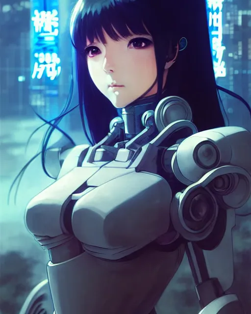 Image similar to portrait Anime Girl in mecha armor in night tokyo Sharp fine face pretty face, realistic shaded Perfect face, fine details. Anime. cyberpunk realistic shaded lighting by katsuhiro otomo ghost-in-the-shell, magali villeneuve, artgerm, rutkowski Jeremy Lipkin and Giuseppe Dangelico Pino and Michael Garmash and Rob Rey