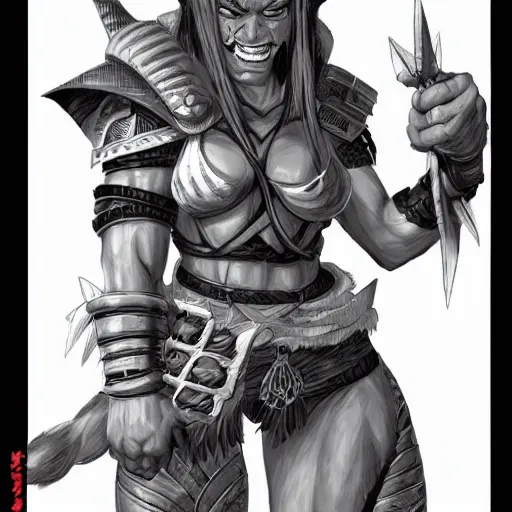 Prompt: portrait of a female orc warrior in Yusuke Murata style, D&D, dungeons and dragons, anime