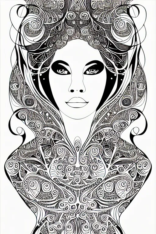 Prompt: portrait of beautiful women ornate luxury fractal ink drawing line art colouring page, vector, colorful, margins, fine lines, centered