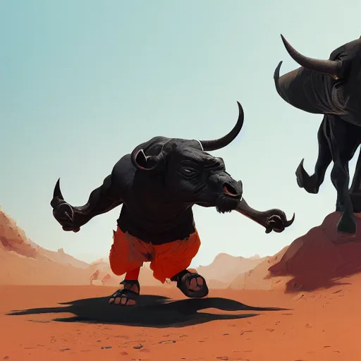 Prompt: man in orange t - shirt chased by big black bulls, concept design, contrast, kim jung gi, greg rutkowski, trending on artstation, 8 k, full body, turnaround, front view, back view, ultra wide angle