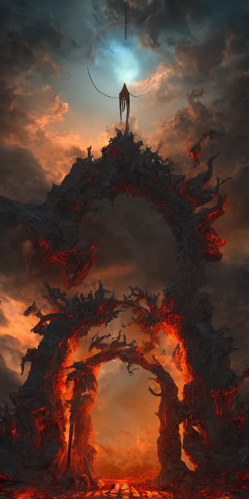 Image similar to The gate of hell in heaven, dramatic lighting, 8K HDR, octane render, unreal engine 5, tarot card, fantasy, concept art, digital art, trending on DeviantArt, trending on Artstation, high quality, highly detailed, high color contrast, path tracing, clouds