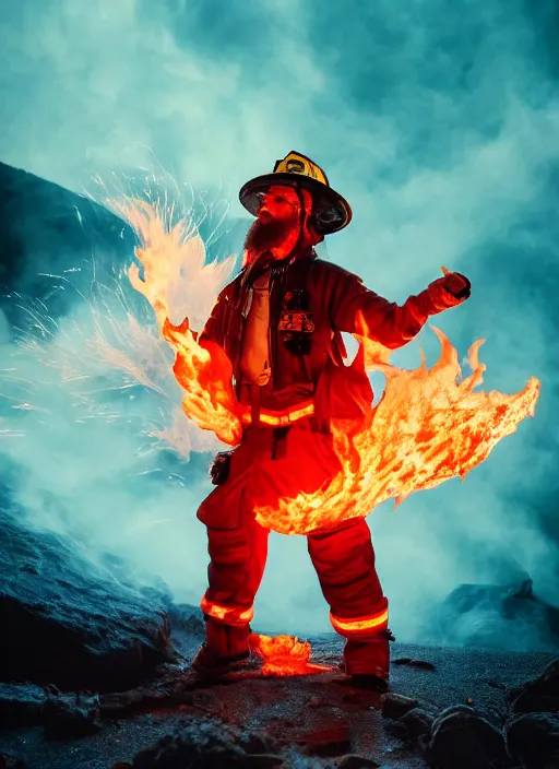 Prompt: Fire man with fire hair and fire beard, volcano, flames, ice, light atmosphere, cinematic shot, intricate, ornate, photorealistic, ultra detailed, realistic, 100mm, photography, octane, high definition, depth of field, bokeh, 8k, artstation