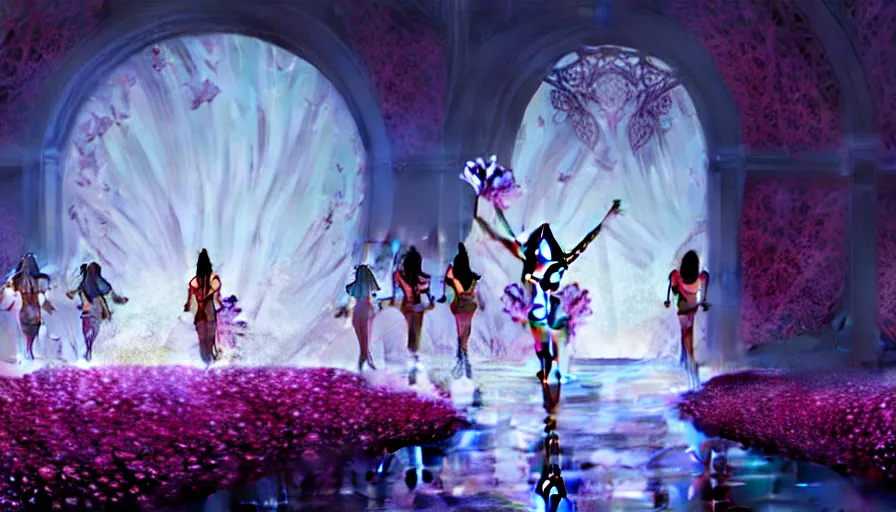 Image similar to victoria secret runway show, light, shadows, reflections, flowers, epic composition, intricate, elegant, volumetric lighting, digital painting, highly detailed, artstation, sharp focus, illustration, concept art, ruan jia, steve mccurry, artgerm, greg rutkowski, mina petrovic, timothy kong, marina federovna, masterpiece, iconic