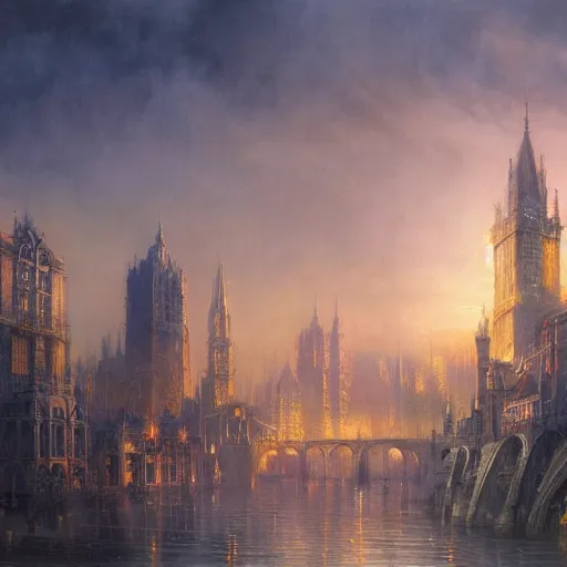 Prompt: beautiful fantasy city by Alan Lee, golden hour, concept art, matte painting, highly detailed, art station, oil painting, 8k