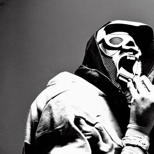 Prompt: rapper emcee mf doom screaming on the mic because the microphone is not working.