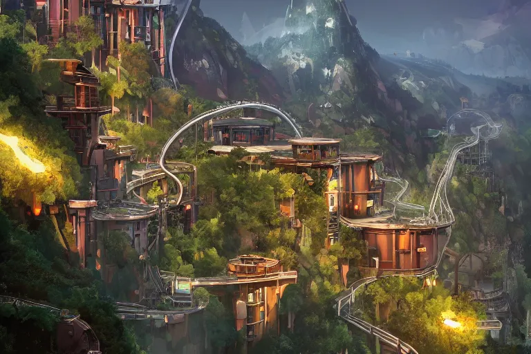 Prompt: A steelworks villa on the peak of the mountain, giant metallic cables leading down like tree roots, TF2 screenshot, digital art, artstationhq, by Jordan Grimmer and Victor Mosquera
