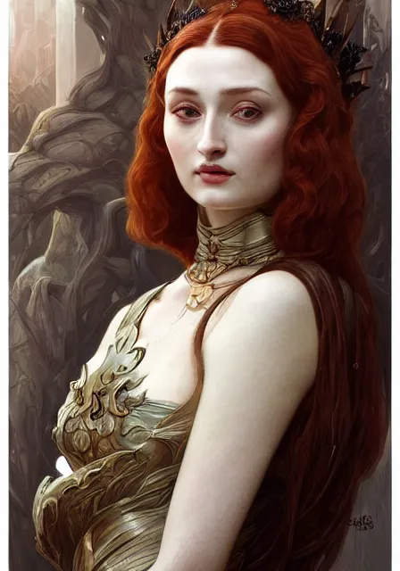 Image similar to portrait of sansa dark monster queen, intricate, elegant, highly detailed, digital painting, artstation, concept art, smooth, sharp focus, illustration, art by artgerm and greg rutkowski and alphonse mucha and william - adolphe bouguereau