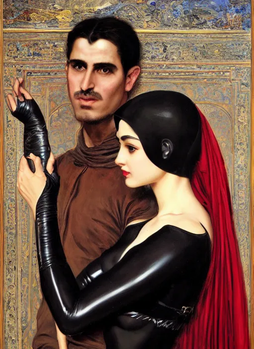 Image similar to Catwoman and batman, Iranian orientalist portrait by john william waterhouse and Edwin Longsden Long and Theodore Ralli and Nasreddine Dinet, oil on canvas. Cinematic, hyper realism, realistic proportions, dramatic lighting, high detail 4k