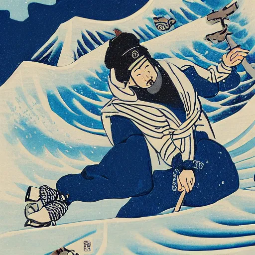 Image similar to man snowboarding with roostertail woodblock print, style of hokusai, fine art, style of kanagawa, winter painting