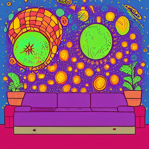 Image similar to psychedelic trippy couch in space, planets, plants, flowers, mushrooms milky way, sofa, cartoon by alvar aalto