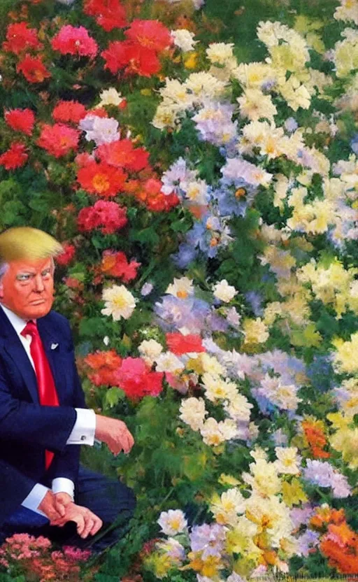 Image similar to romantic photorealistic portrait painting of donald trump surrounded by beautiful flowers, by gregory manchess, james gurney, james jean