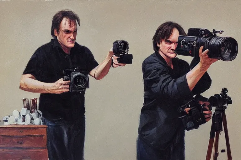 Image similar to Quentin tarantino holding a 16 mm camera, oil painting