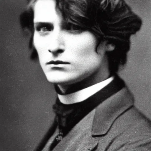 Image similar to headshot edwardian photograph of dorian gray, extremely handsome, 1 9 2 0 s, realistic face, 1 8 9 0 s, 1 9 0 0 s, very grainy, slightly blurry, victorian