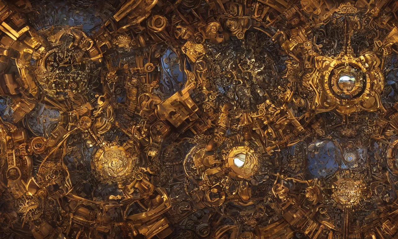 Image similar to steampunk engine laboratory 3 d volume kaleidoscope fractal voronoi metal chakra digital color stylized concept substance natural color scheme, global illumination ray tracing hdr fanart arstation by sung choi and eric pfeiffer and gabriel garza and casper konefal