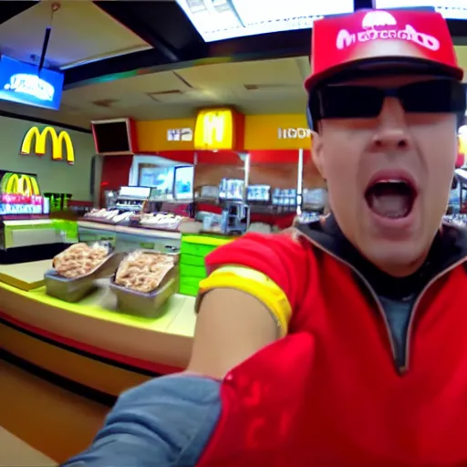 Image similar to gopro footage of me in mcdonalds ordering a cheeseburger, pov, dramatic