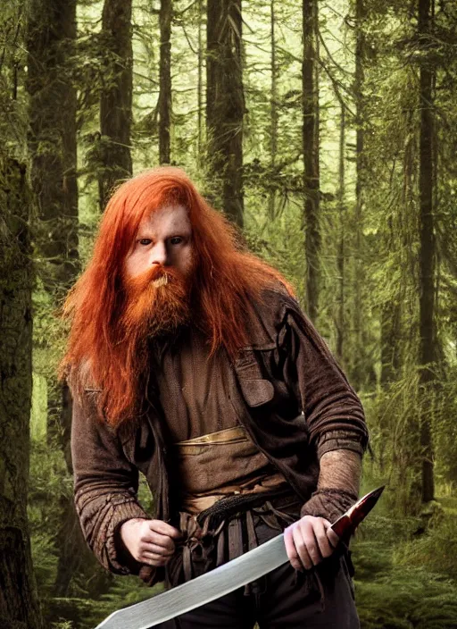 Image similar to 8K, grungy redhead 30-something bearded long haired swordsman holding a short curved sword in a ultradetailed pacific northwest redcedar forest, smooth, sharp focus, illustration. sharp focus, D&D, detailed, intricate, cinematic lighting