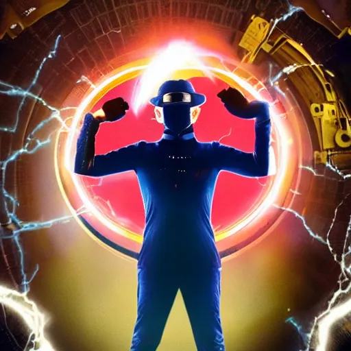 Prompt: Nikola Tesla as a superhero, movie still from The Watchmen, 4k