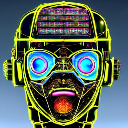 Prompt: hyperdetailed portrait of an atompunk robot head, 8 k, symetrical, flourescent colors, halluzinogenic, black background