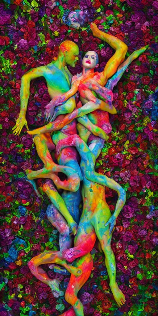 Image similar to a surrealist sculpture human bodies intertwined, a lovely cornucopia of flowers and human body parts, body parts, paint pour, swirling paint colors, highly detailed, octane render, cinematic