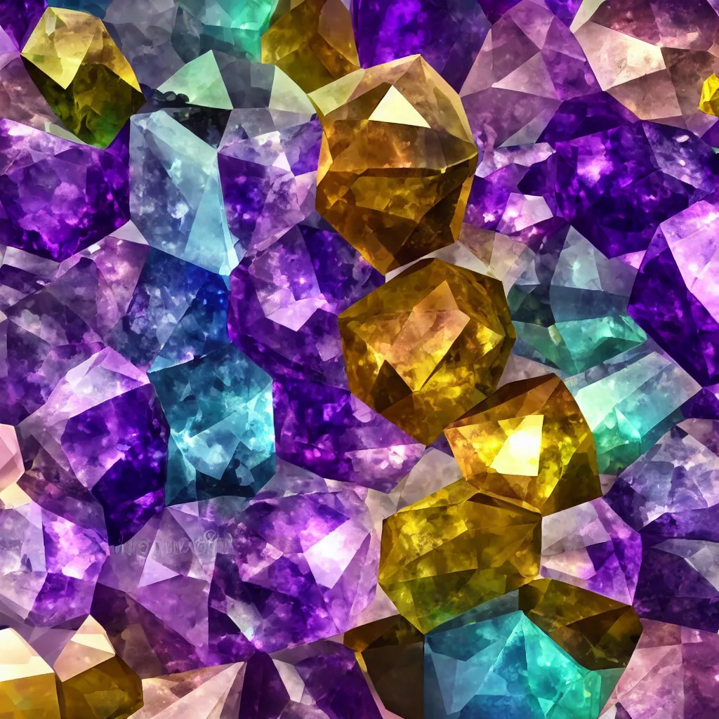 Prompt: amethyst geo gemstone prism multicolor gold liquid emeraud pearl quartz saphir grenat fluorite stylized digital illustration video game icon global illumination ray tracing advanced technology