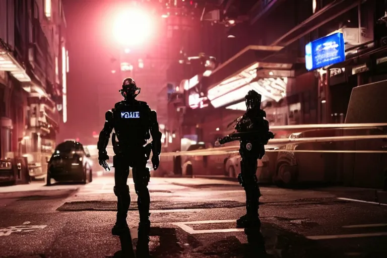 Prompt: cinematography ai robot rights standoff with police, sci-fi future city street at night. Emmanuel Lubezki