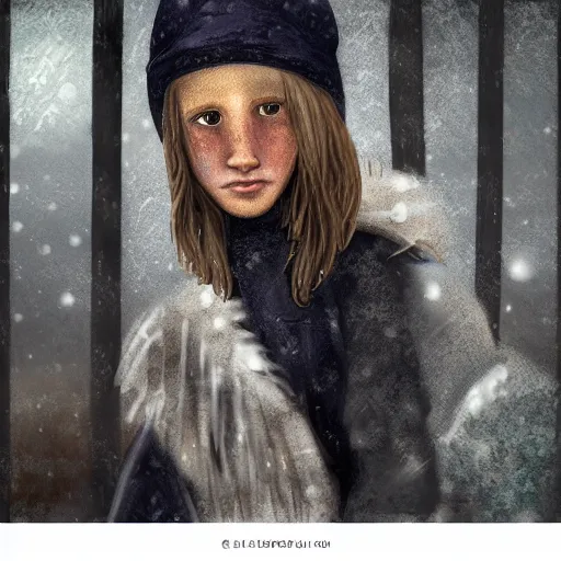 Prompt: detailed half body digital art for a game of a child wearing ragged, heavy and ruined clothes with a winter hat. moody and melanchony. the background is dark.