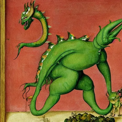 Prompt: a giant carrot monster stands over a tiny green dragon on a stage, painting from 1545