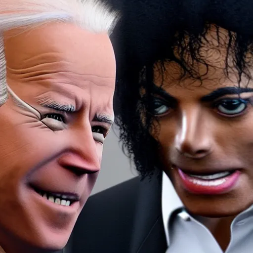 Image similar to Joe Biden sniffing Michael Jackson's hair, photorealistic, 8k, unreal engine, highly detailed