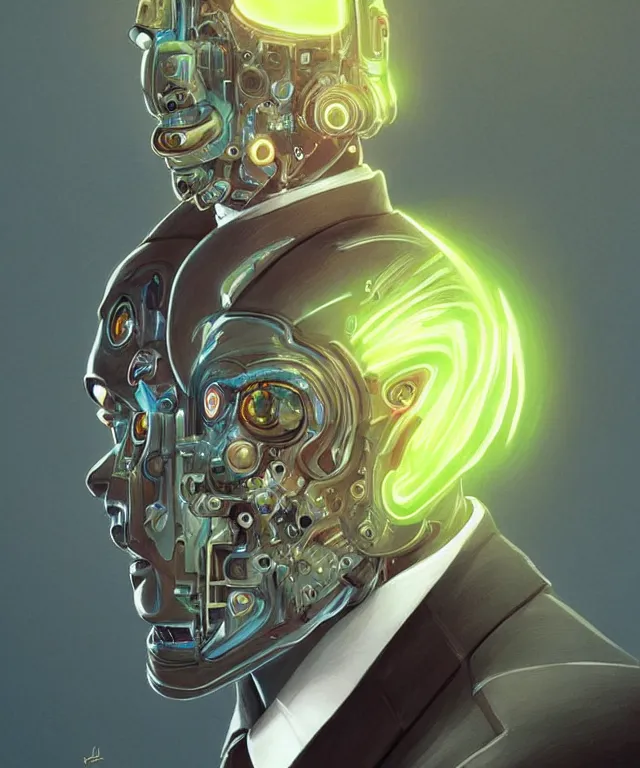 Image similar to a male android portrait wearing a suit and tie, surrealism, scifi, intricate, elegant, sharp eyebrows, highly detailed cybernetic body, neon glowing eyes, digital painting, artstation, concept art, smooth, sharp focus, illustration, art by artgerm and moebius and peter mohrbacher