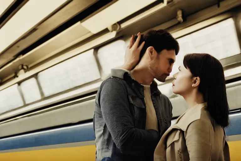 Prompt: vfx movie couple in a train station flat color profile low - key lighting cinematography