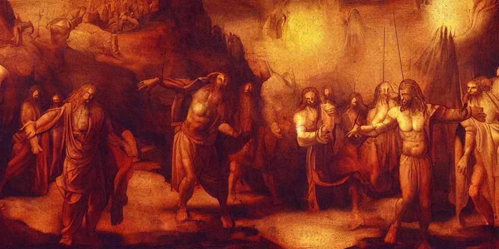 Image similar to Jesus Christ, walking through hell, to destroy Satan's kingdom, a fantasy digital Painting, by Leonardo da Vinci