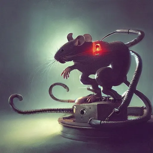 Image similar to “a rat homunculus sat inside the head of a robot and controlling it with levers and joysticks by ruan jia”