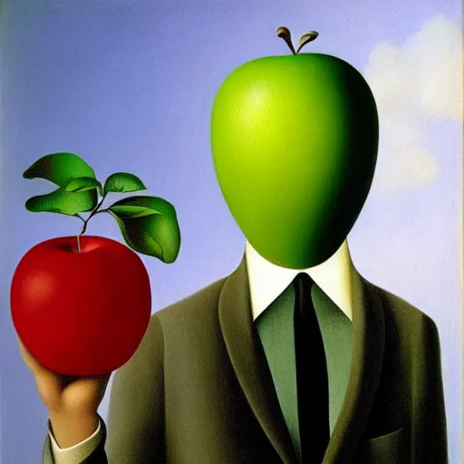 Prompt: man with an apple, oil painting by Rene Magritte